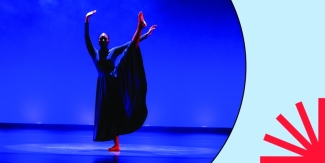 Dancer in blue light performing; photo in circle over light blue background with red spark.