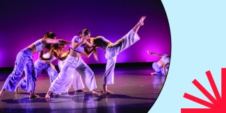 Performance from the Young Choreographers Series concert 2023; photo in a circle over a light blue background with a red spark.